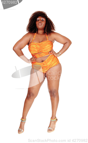 Image of African woman in bikini hands on hip.