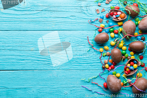 Image of Chocolate on blue wooden table