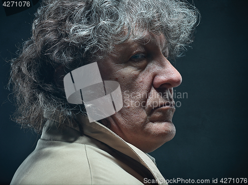 Image of The senior man as detective or boss of mafia on gray studio background