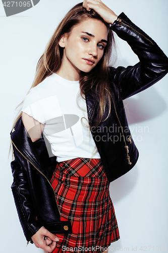 Image of young pretty stylish blond hipster girl posing emotional isolated on white background happy smiling cool smile, lifestyle people concept