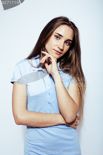 Image of young pretty stylish blond hipster girl posing emotional isolated on white background happy smiling cool smile, lifestyle people concept