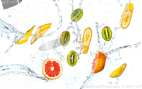 Image of Abstract background with tropical fruits in water drops