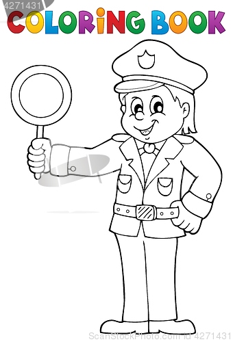 Image of Coloring book policeman holds stop sign