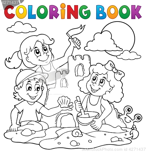 Image of Coloring book children and sand castle