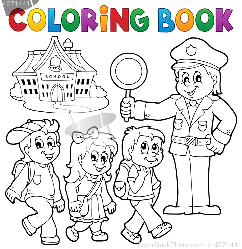 Image of Coloring book pupils and policeman