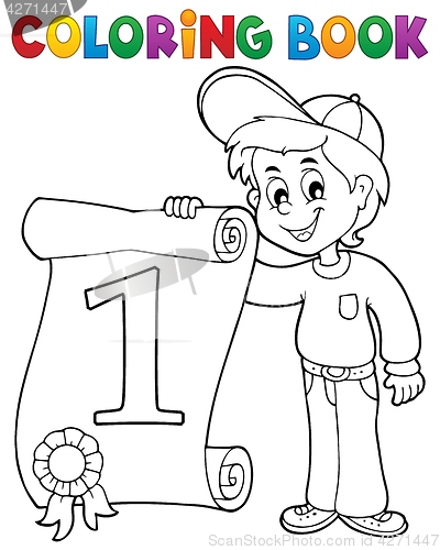 Image of Coloring book boy holds certificate