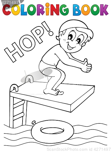 Image of Coloring book boy jumping into water