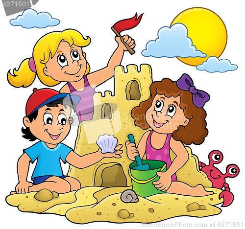 Image of Children building sand castle theme 1