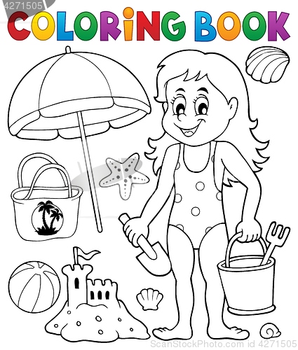 Image of Coloring book girl and beach objects