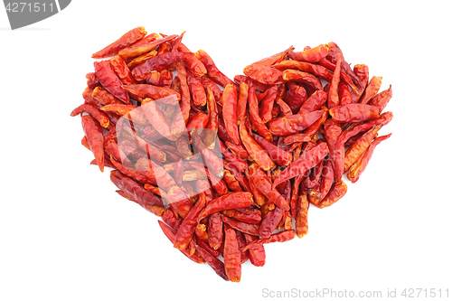 Image of Spicy red birds eye chilli peppers in a heart shape