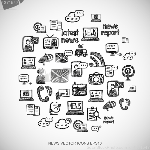 Image of Black doodles Hand Drawn News Icons set on White. EPS10 vector illustration.