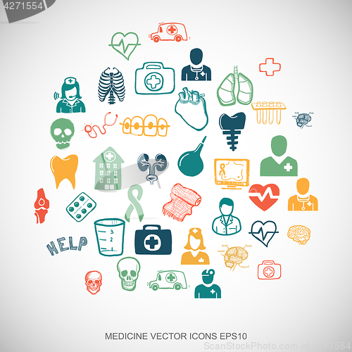 Image of Multicolor doodles Hand Drawn Medicine Icons set on White. EPS10 vector illustration.