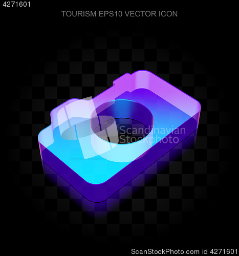 Image of Travel icon: 3d neon glowing Photo Camera made of glass, EPS 10 vector.