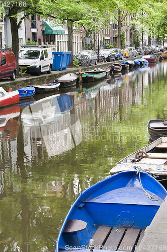 Image of canal scene with boats houses amsterdam holland