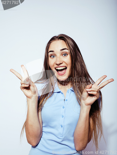Image of young pretty stylish blond hipster girl posing emotional isolated on white background happy smiling cool smile, lifestyle people concept