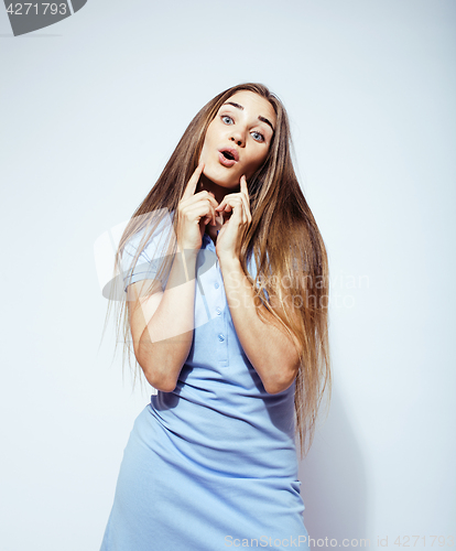 Image of young pretty stylish blond hipster girl posing emotional isolated on white background happy smiling cool smile, lifestyle people concept