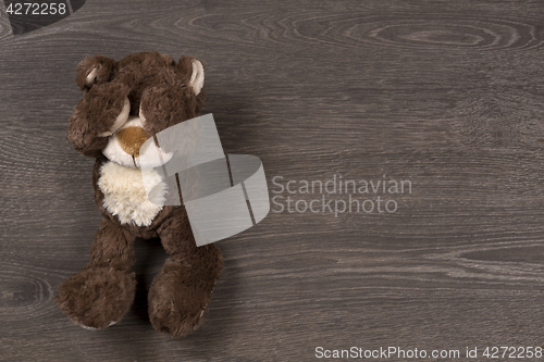 Image of Sad brown teddy bear on wooden background, top view