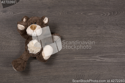 Image of Brown teddy bear on wooden background, top view