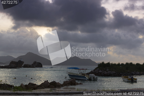 Image of Sunset at harbour of La Dique, Seychelles