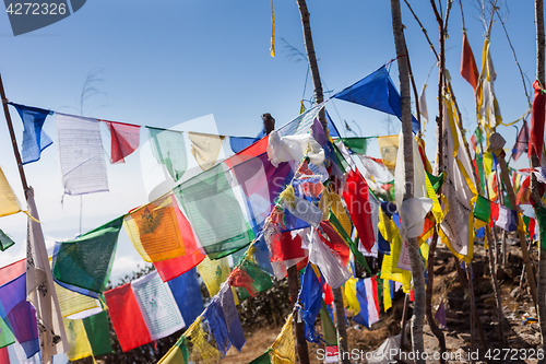 Image of Buddhist prayer flags on a mountaintop in the Himalayas