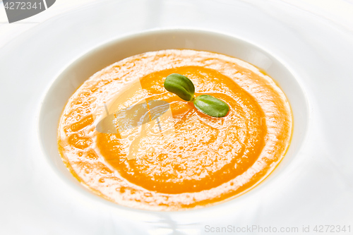 Image of The organic pumpkin soup. Top view. Vegetarian food.