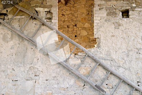 Image of Rung ladder on a stony barn window near Perino, Valtrebbia, Italy