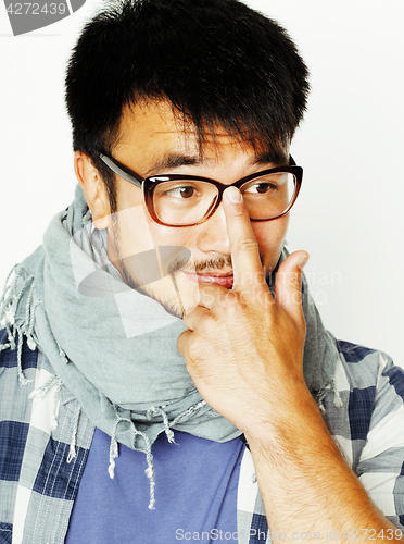 Image of young handsome asian man hipster in glasses on white background,