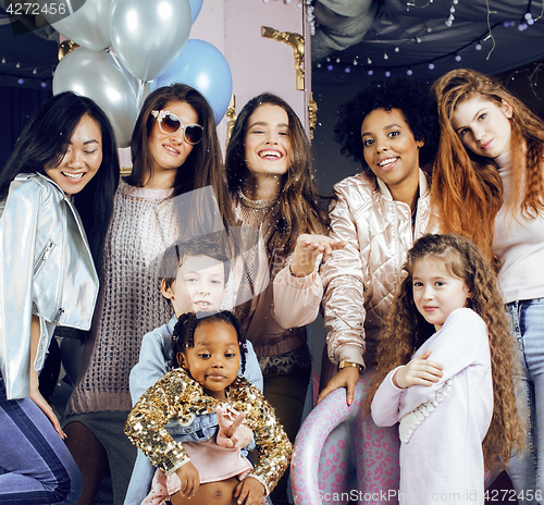 Image of Lifestyle and people concept: young pretty diversity nations woman with different age children celebrating on birth day party together happy smiling, making selfie. African-american, asian and caucasi