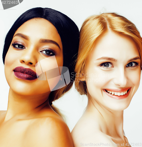 Image of different nation woman: african-american, caucasian together isolated on white background happy smiling, diverse type on skin, lifestyle people concept