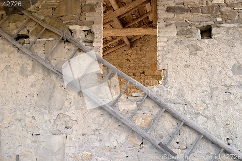 Image of Rung ladder on a stony barn window near Perino, Valtrebbia, Italy