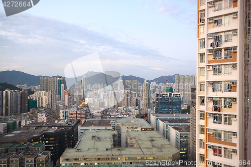 Image of sunset in downtown area, hong kong