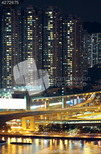 Image of Night shot of a city skyline.