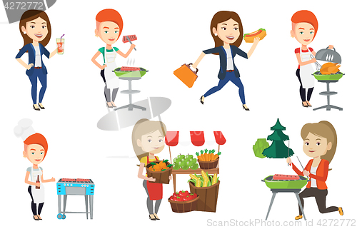 Image of Vector set of people eating and drinking.