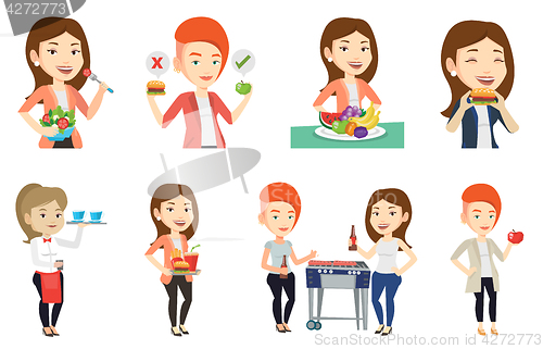 Image of Vector set of people eating and drinking.