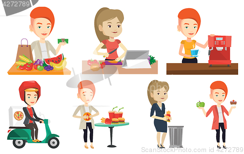 Image of Vector set of people eating and drinking.