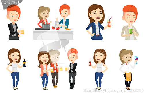 Image of Vector set of people eating and drinking.