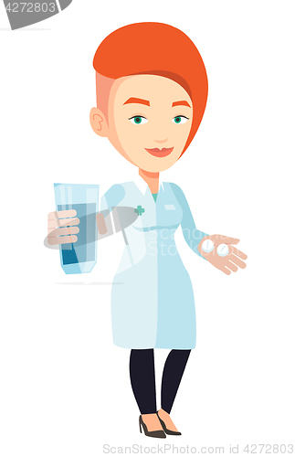 Image of Pharmacist giving pills and glass of water.