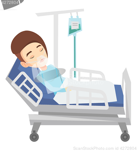 Image of Patient lying in hospital bed with oxygen mask.