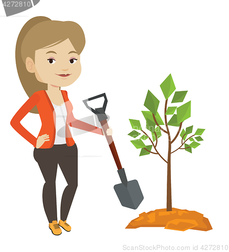 Image of Woman plants tree vector illustration.