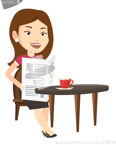 Image of Woman reading newspaper and drinking coffee.