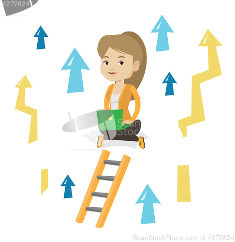 Image of Business woman sitting on cloud with laptop.