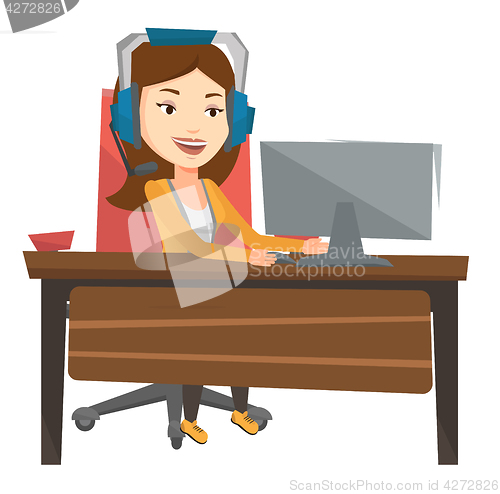 Image of Business woman with headset working at office.