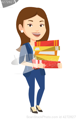 Image of Woman holding pile of books vector illustration.