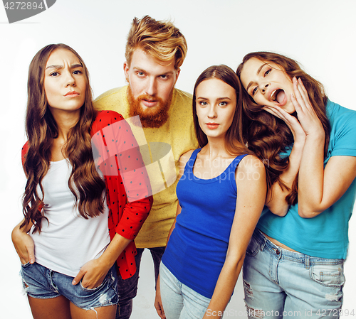 Image of company of hipster guys, bearded red hair boy and girls students having fun together friends, diverse fashion style, lifestyle people concept isolated on white background