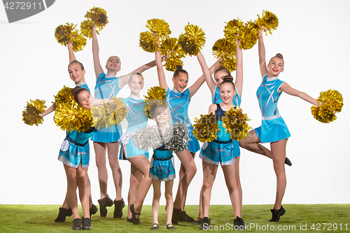 Image of The group of teen cheerleaders posing at white studio