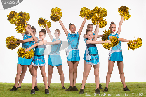 Image of The group of teen cheerleaders posing at white studio