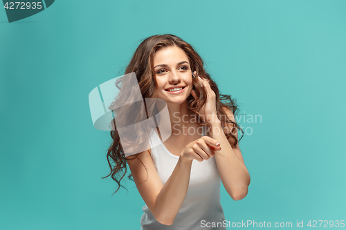 Image of The young woman\'s portrait with happy emotions