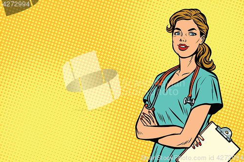 Image of Beautiful Caucasian nurse with stethoscope
