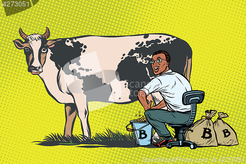 Image of African businessman mines bitcoins milking a cow, world business