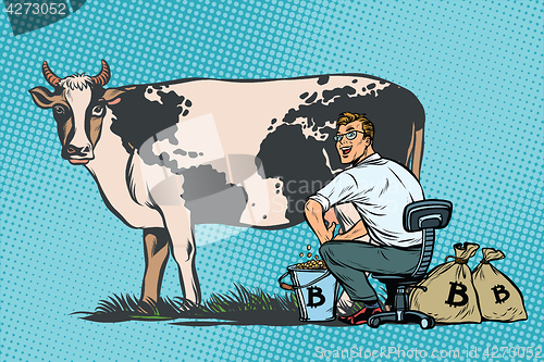 Image of Businessman mines bitcoins milking a cow, world business